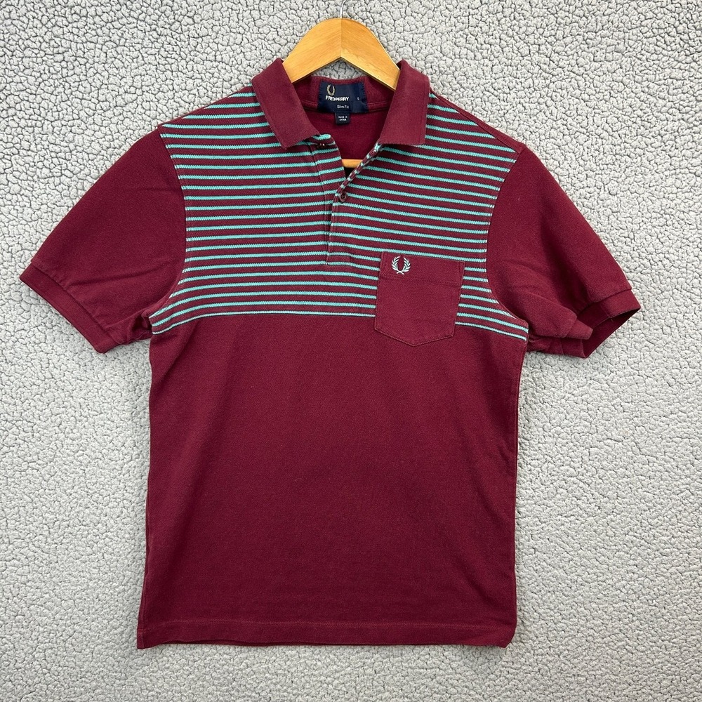 FRED PERRY‎ Polo Shirt Men's S Burgundy Striped Slim Fit 100% Cotton Pique